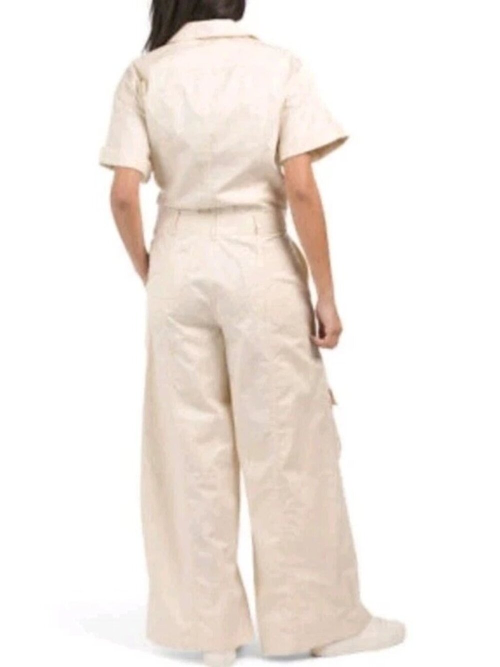 Zara Cream Ivory Wide Leg Jumpsuit Rolled Short Sleeves Pockets Front Zip S - Picture 3 of 15